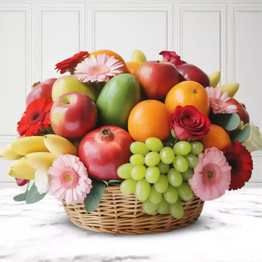 A gift basket filled with 3 kg of mixed fruits and 15 assorted flowers, celebrating motherhood on Mother's Day.