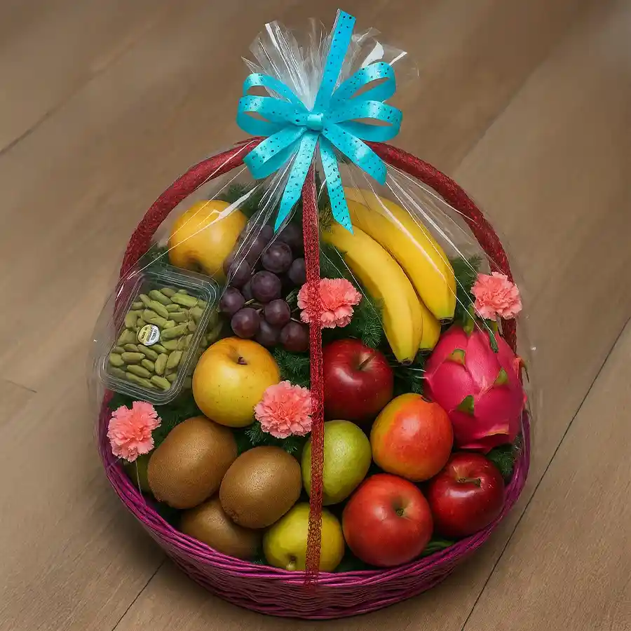 Seasonal fruits basket filled with apples, pears, strawberries, and more, perfect for Mother's Day gifting.