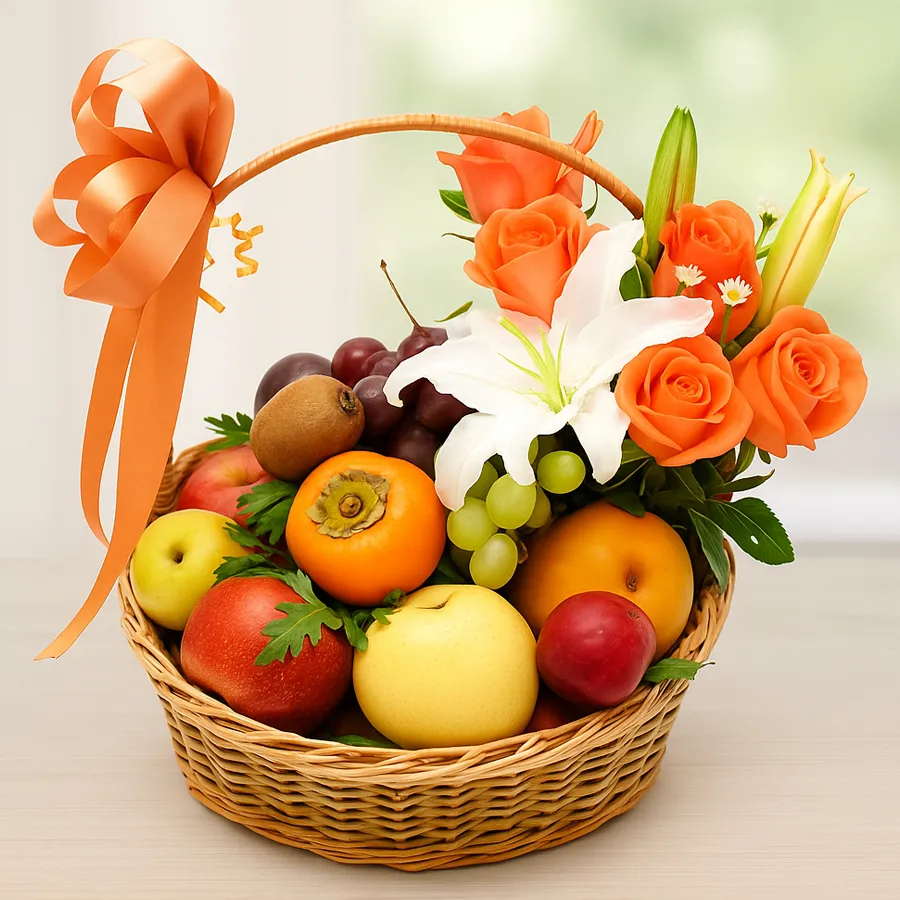 Luscious Imported Fruits Basket with Orange Roses and White Lily