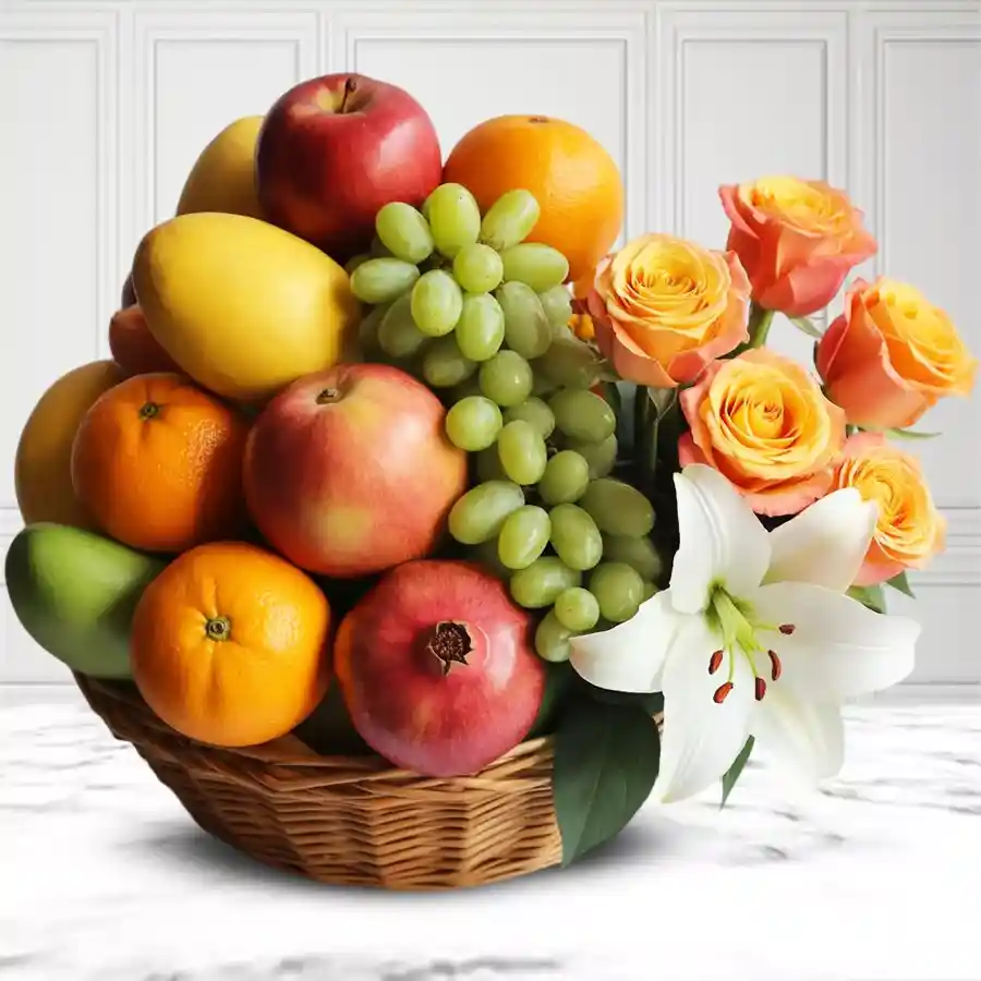 Exquisite Fruit and Floral Harmony basket with imported fruits, orange roses, and a white lily.