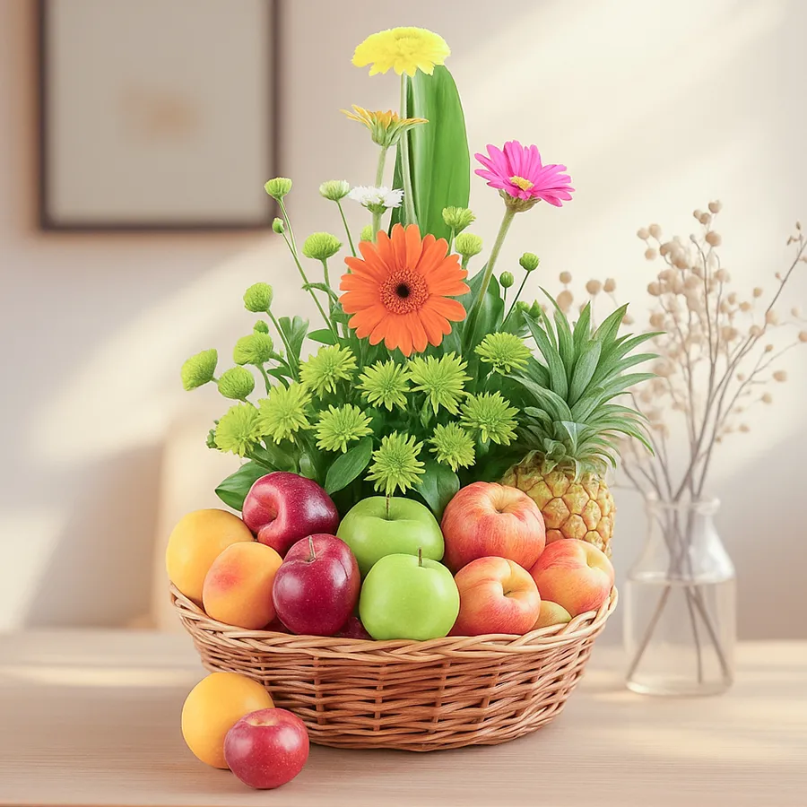Luxurious basket featuring fresh fruits and vibrant gerberas, ideal for heartfelt gifting.