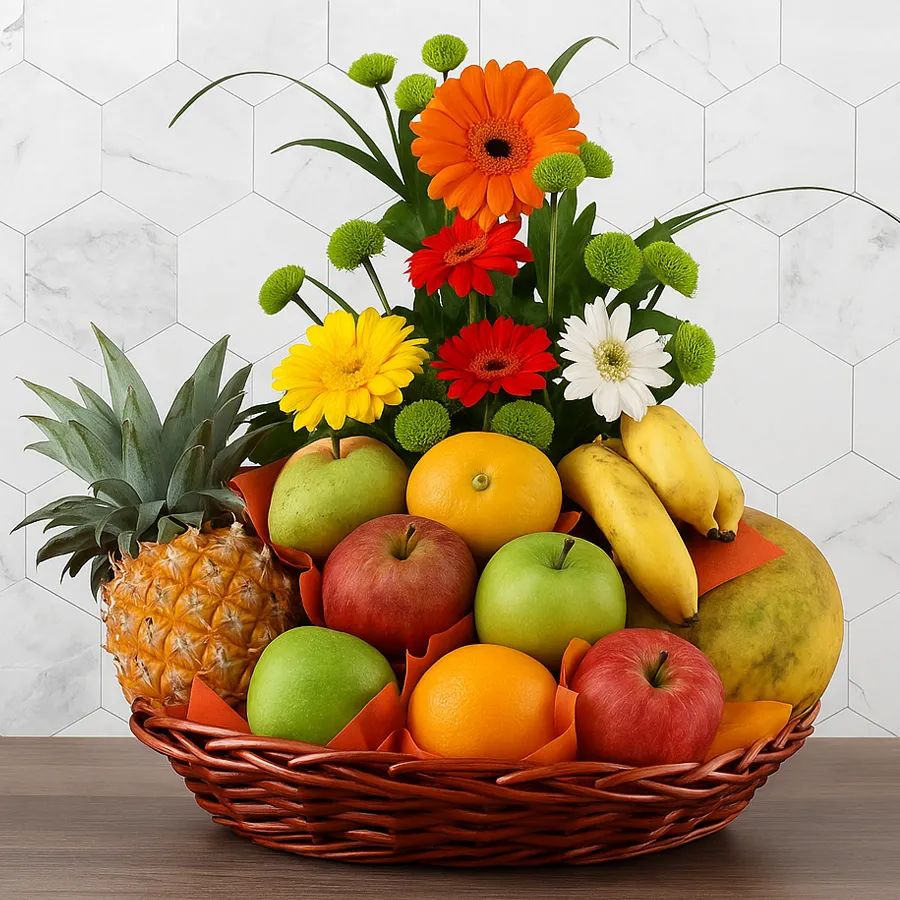 Premium Fruits n Flowers Gift Basket with 3 kg of fruits and flowers.