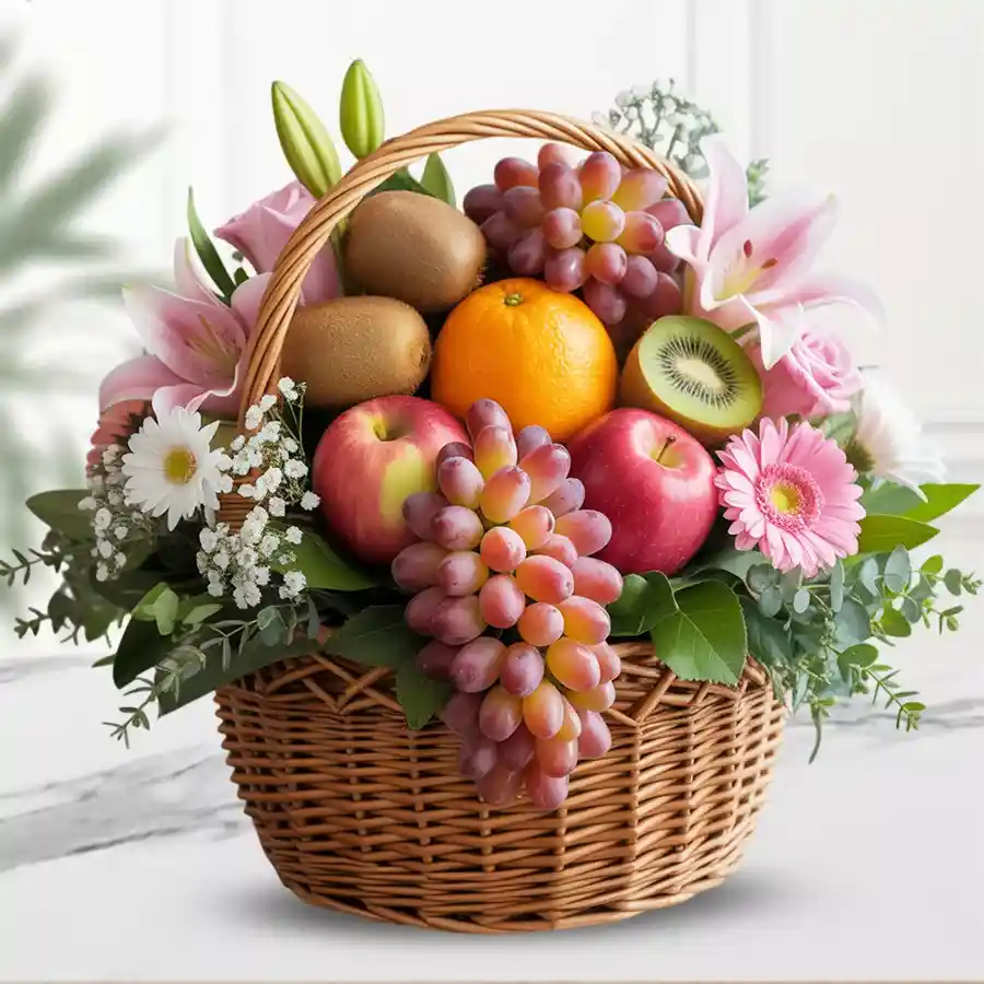 Elegant Mother's Day basket with fresh fruits, pink lilies, red roses, and gerbera flowers.