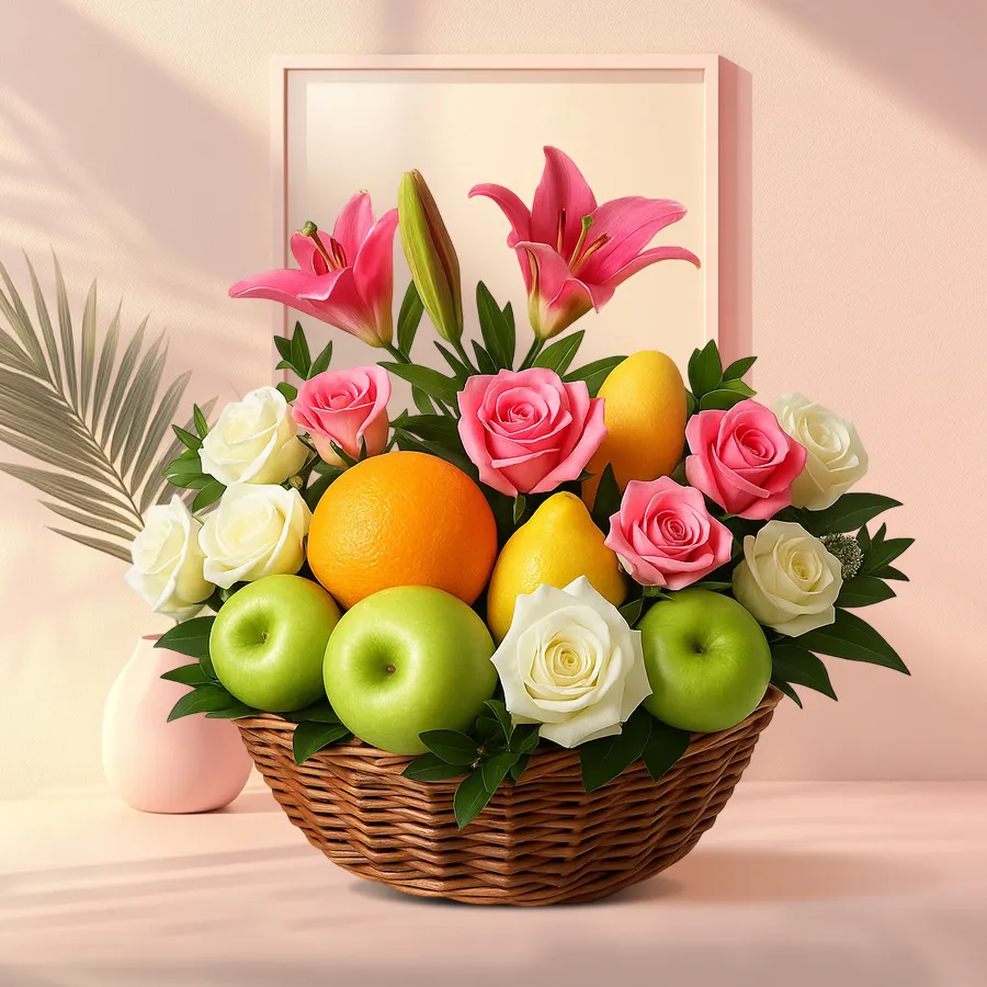 A beautifully arranged 2kg fruit basket with Pink Lily, Pink Roses, and White Roses.