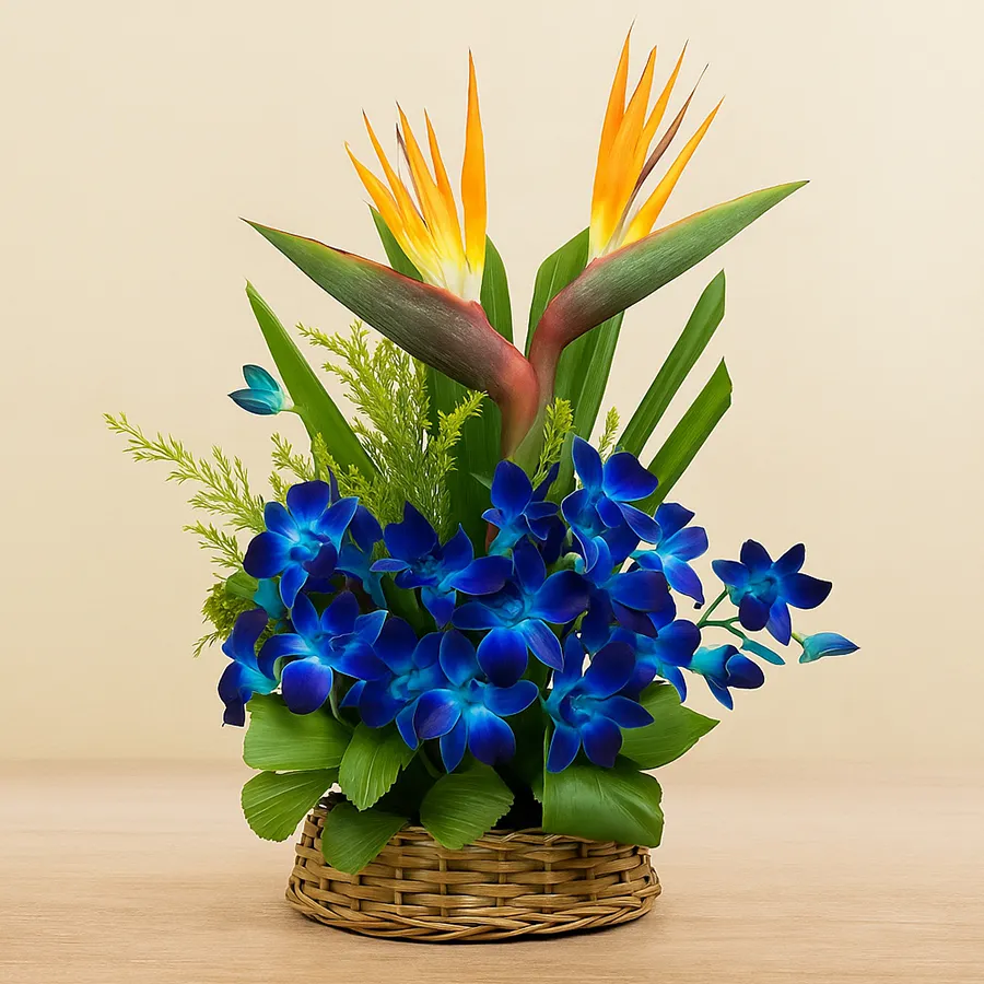 Exotic Bird of Paradise and blue orchids in a vibrant basket arrangement.