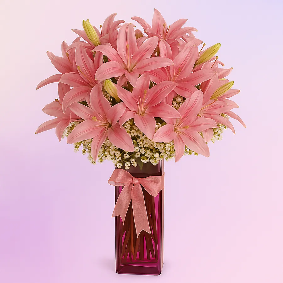Classy vase with pink lilies adorned with a satin ribbon.