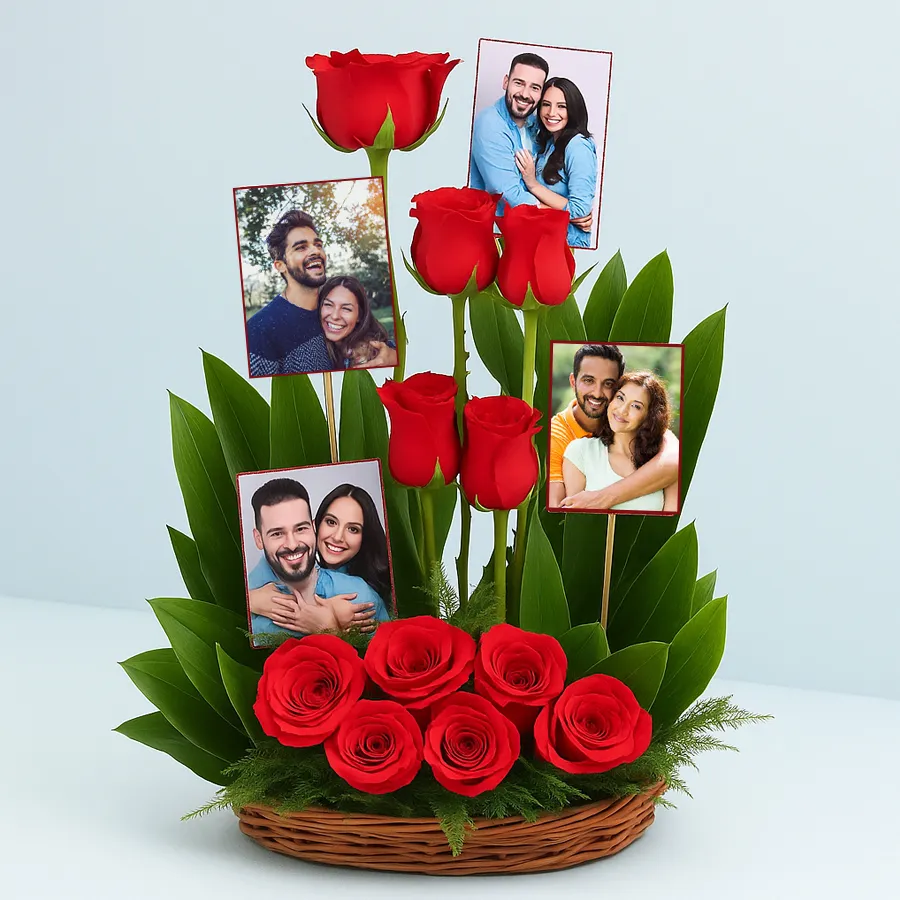 A beautiful arrangement of 15 red roses and 4 personalized photos in a basket, symbolizing love and cherished memories.