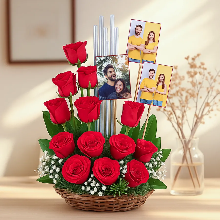 Heartfelt basket featuring 15 red roses and 4 personalized photos.