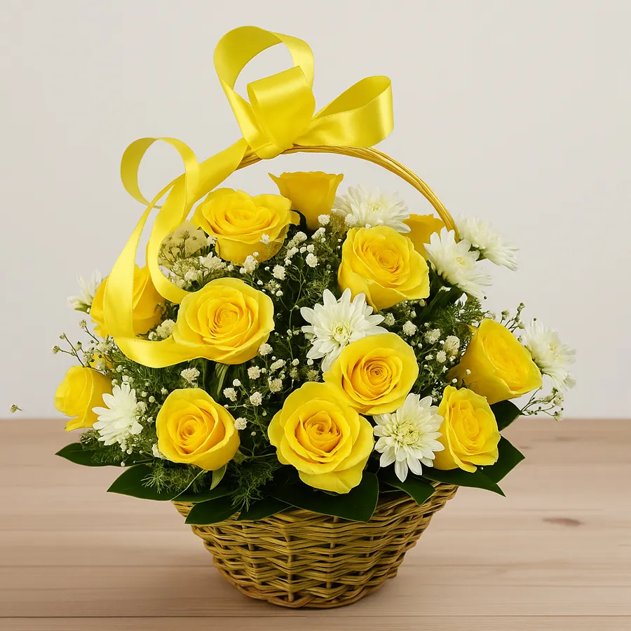 A beautiful basket arrangement of sunny yellow roses and white daisies, perfect for brightening someone's day.