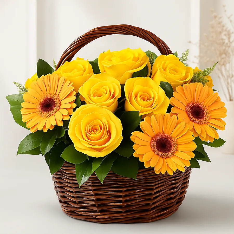 A burst of orange and yellow flowers, featuring roses and gerberas arranged in a basket, perfect for gifting and expressing affection.