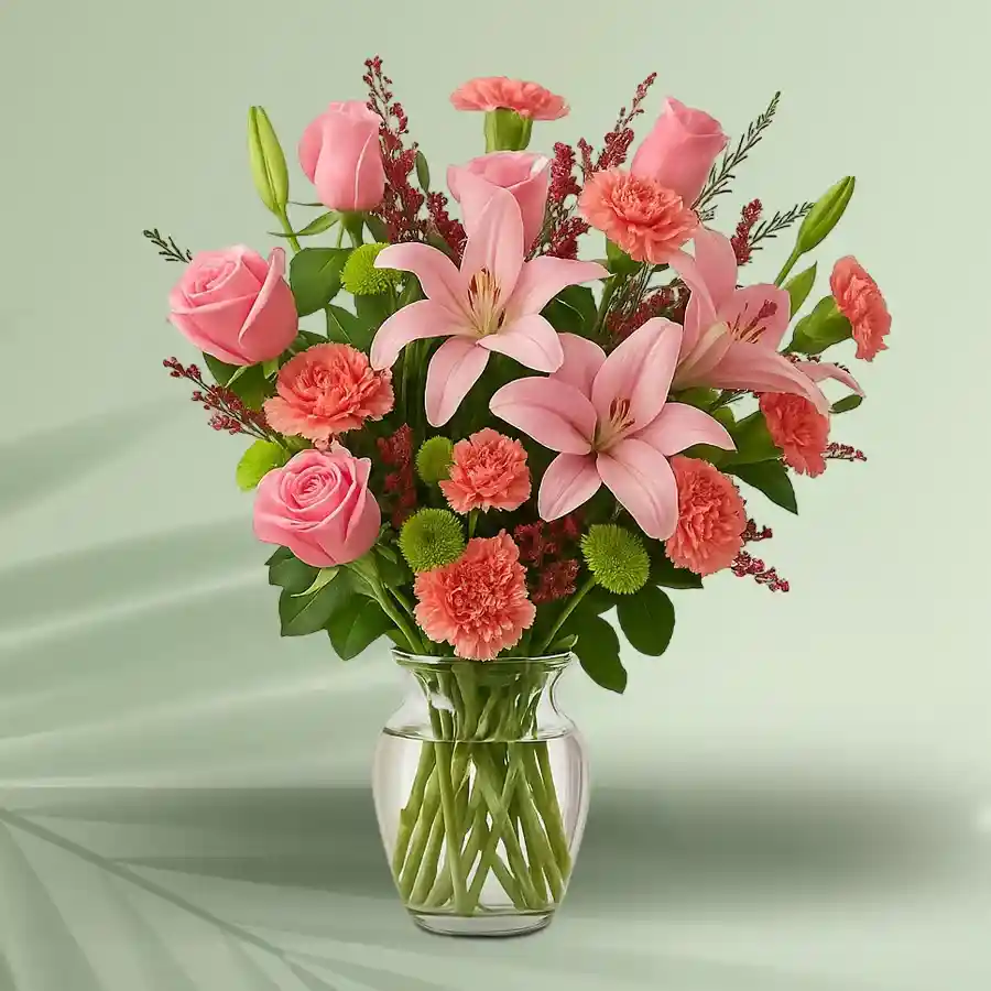 Elegant floral arrangement featuring Lilies, Roses, and Carnations, perfect for enhancing celebrations and creating a sophisticated atmosphere.