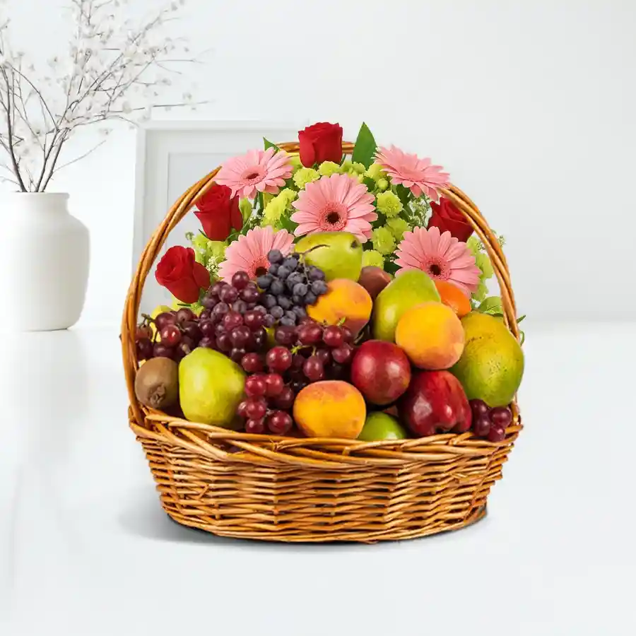 A vibrant 3 Kg Fresh Fruit Basket paired with Mixed Colorful Flowers, perfect for gifting on any occasion.