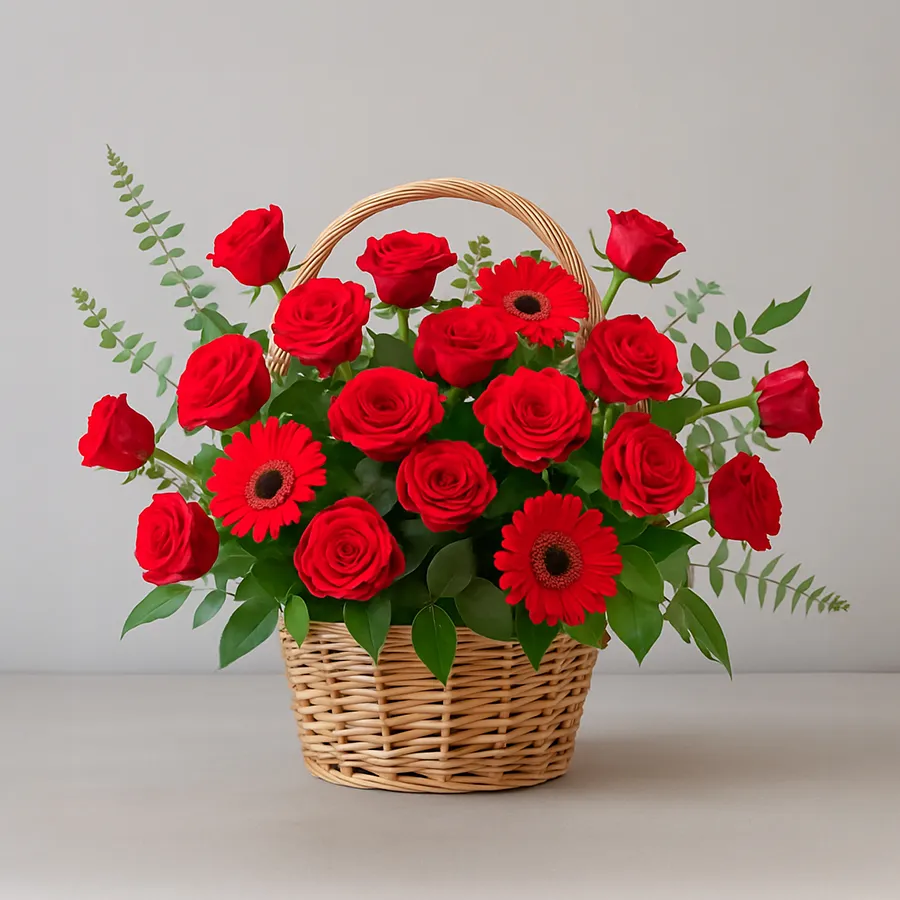 Beautiful basket arrangement featuring 5 red gerberas and 5 red roses, elegantly tied with a ribbon.