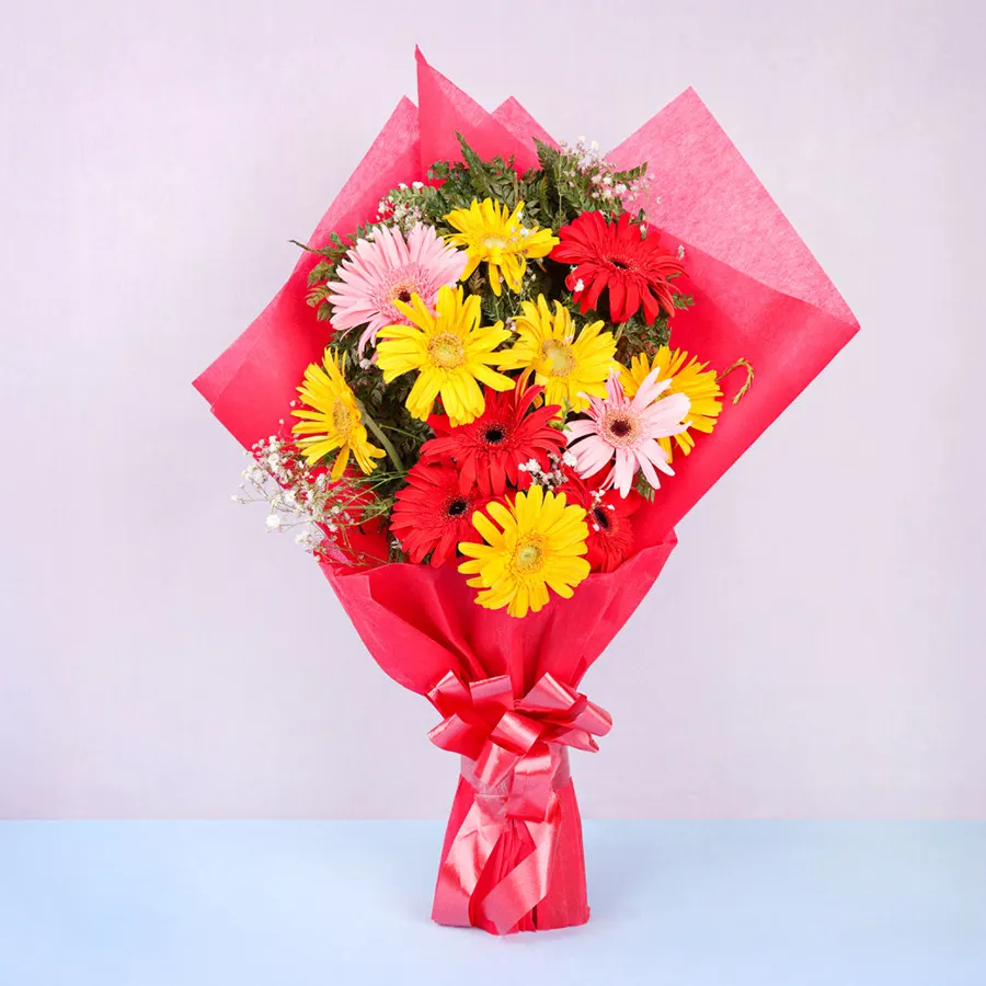 A bouquet featuring 10 mixed gerberas wrapped in blue tissue and adorned with a bow, representing heartfelt emotions and love.