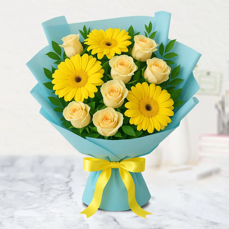 A vibrant bouquet featuring 10 white roses and 5 yellow gerberas wrapped in blue tissue, perfect for gifting.