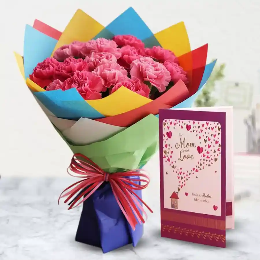 Fashionable Pink Carnation Bouquet with Tri Colour Wrap and Card
