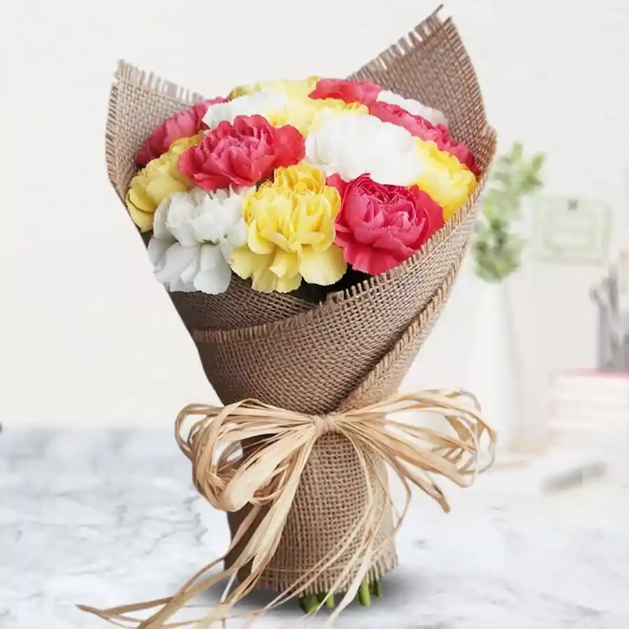 Jute-wrapped bouquet of 15 mixed color carnations for Mother's Day.