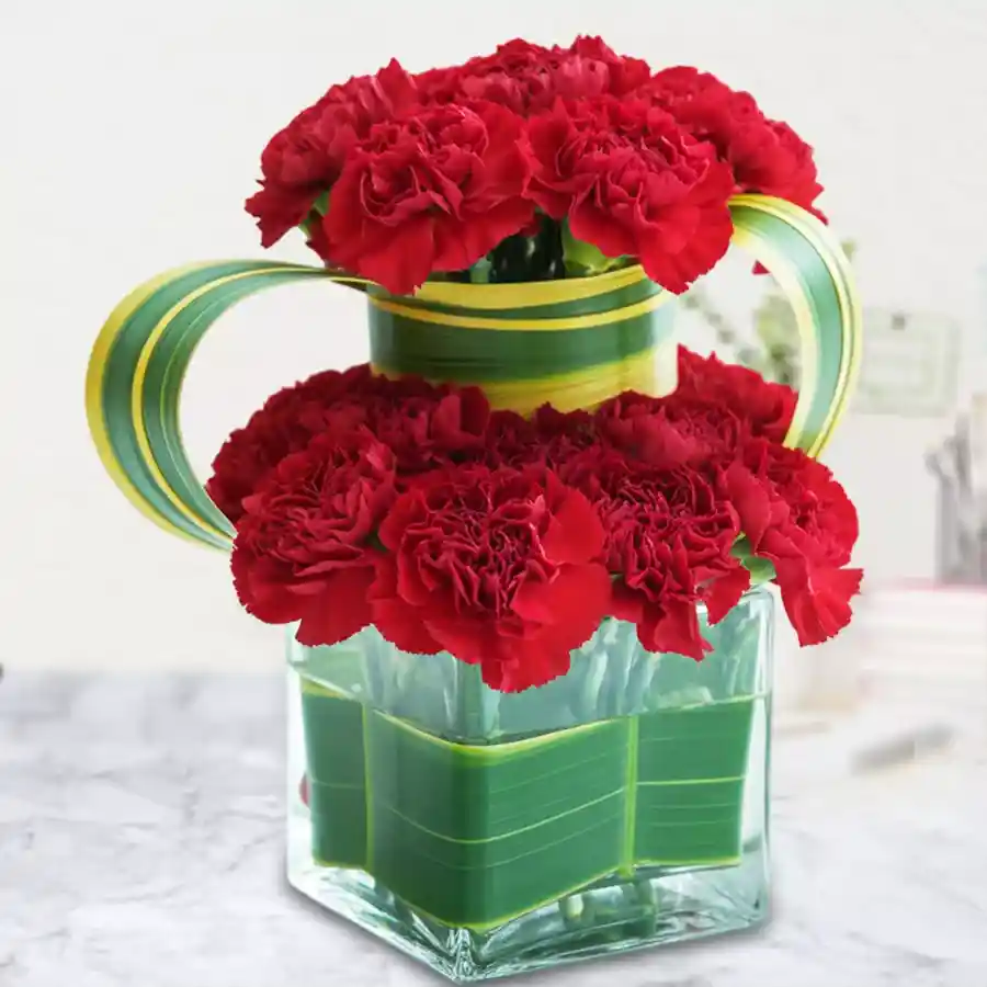 Double layered pink carnation arrangement in a square glass vase.
