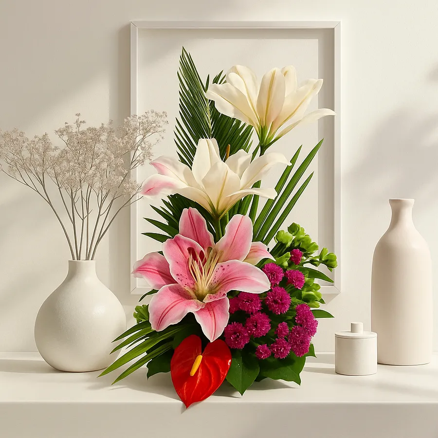 Tranquil Floral Harmony Basket Arrangement with pink and white lilies and vibrant anthuriums.