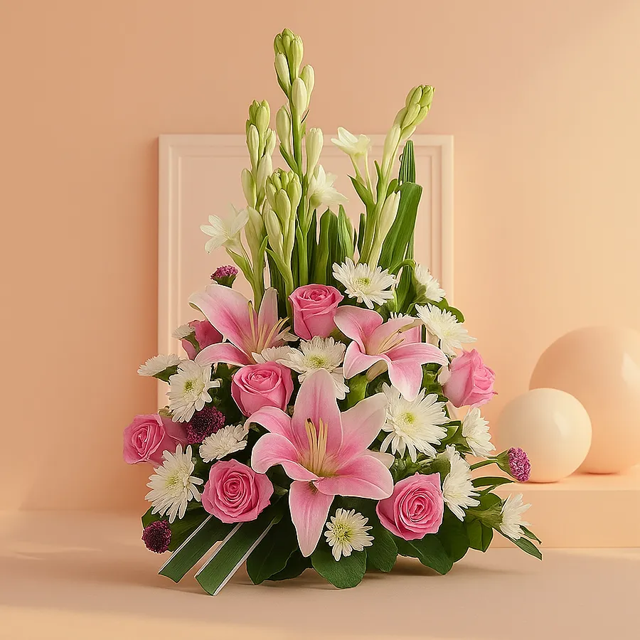 An elegant pink mixed flowers arrangement featuring Rajanigandha, Pink Oriental Lilies, and Pink Roses, perfect for adding charm to any setting.