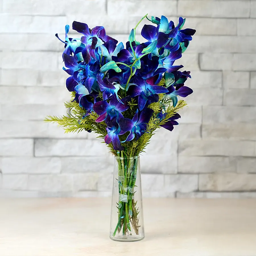 A stunning arrangement of 12 vibrant blue orchids in a stylish vase, showcasing elegance and charm.