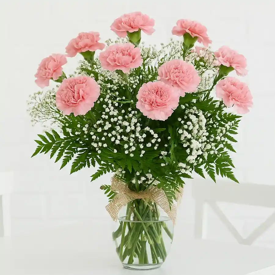 A dozen beautiful pink carnations in a charming vase, showcasing fresh blooms ready to enhance any space.