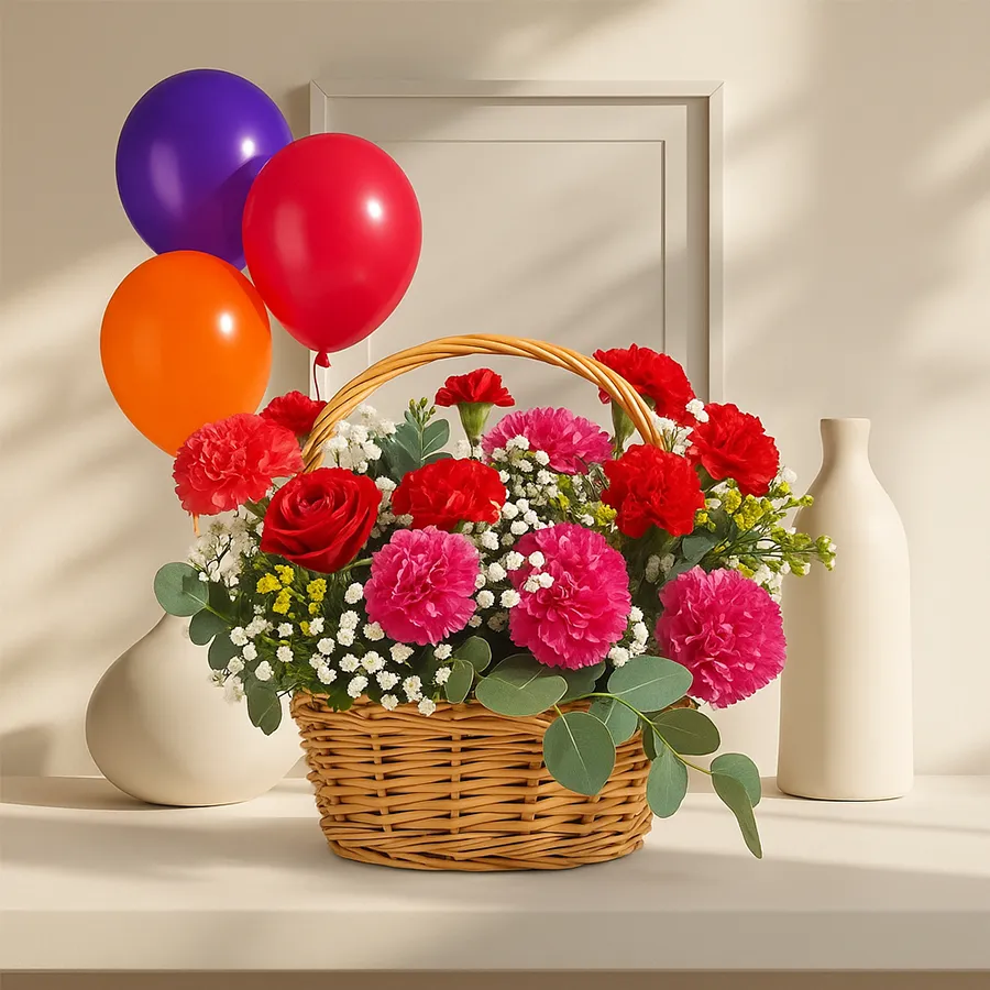 A vibrant basket filled with mixed carnations and colorful balloons for celebrations.
