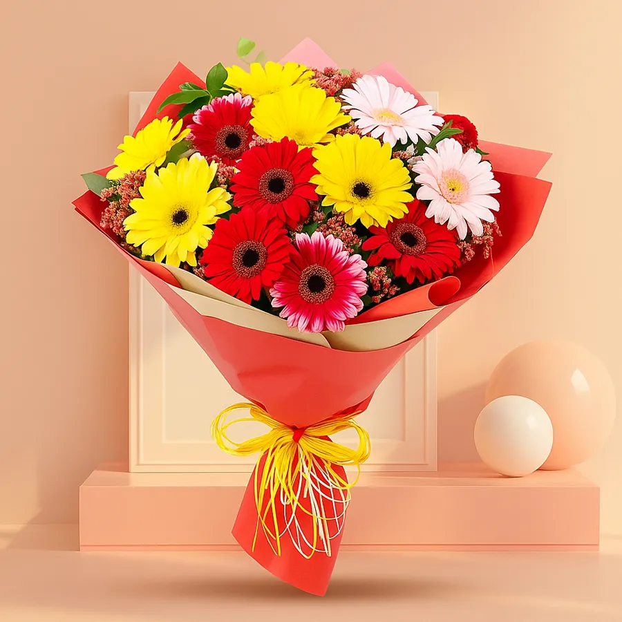 A vibrant bouquet of 12 mixed gerberas, beautifully tied with tissue, ready to spread joy and cheer.