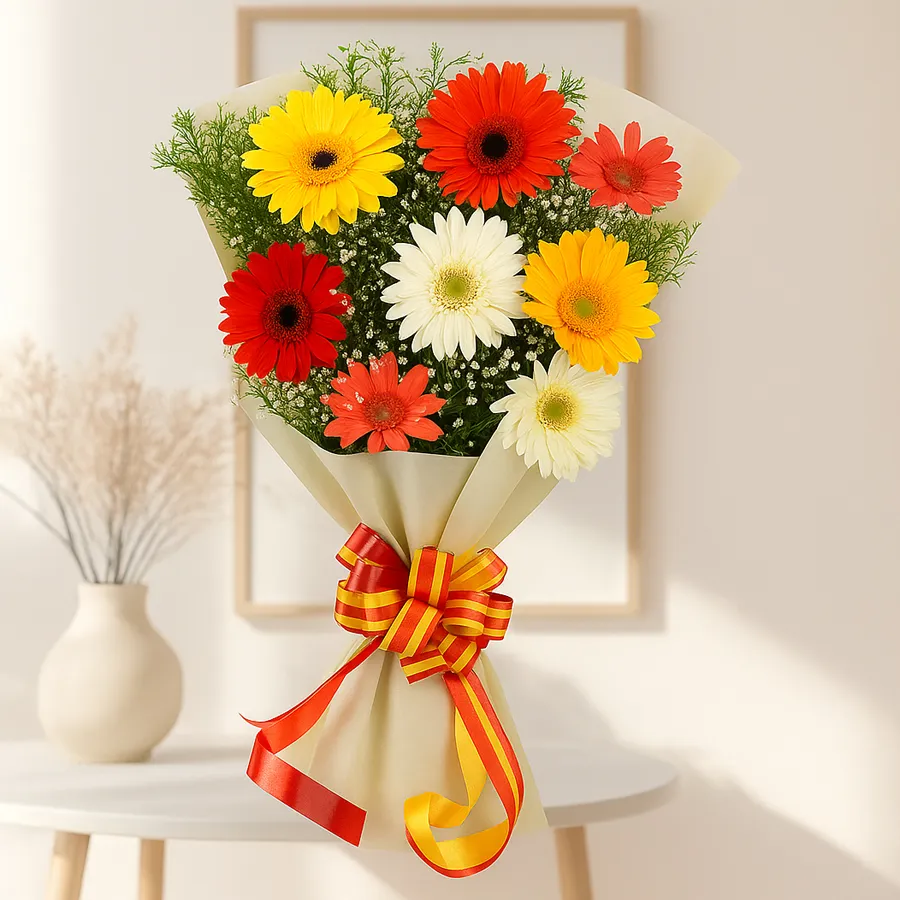 Bouquet featuring 15 mixed gerberas with green fillers, wrapped in tissue.