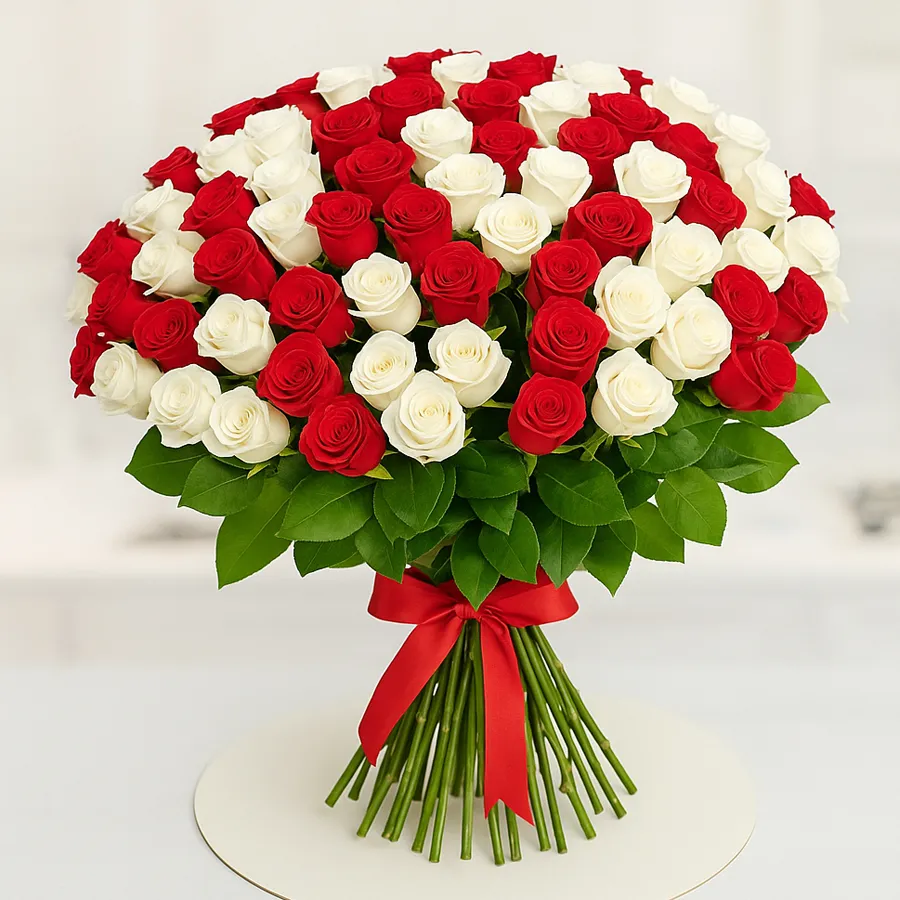 Fresh Cut Red N White Roses Bouquet featuring 30 roses, chic ribbons, and green leaves.