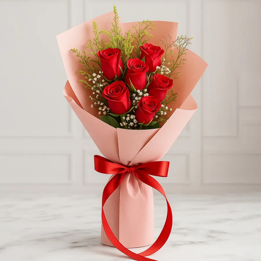 Arrangement of 8 beautiful red roses, symbolizing love and desire.