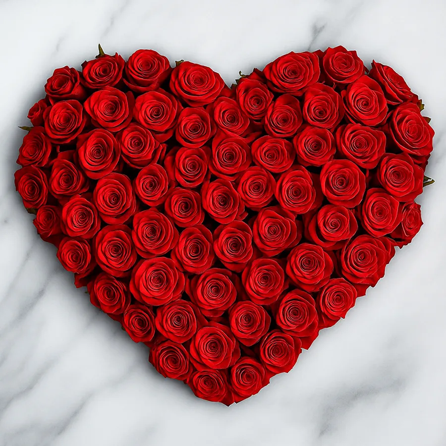 Heart shaped arrangement of 36 garden-fresh roses elegantly wrapped with a ribbon.