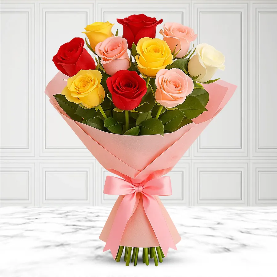 A beautiful bunch of 10 long-stemmed mixed roses, perfect for gifting.