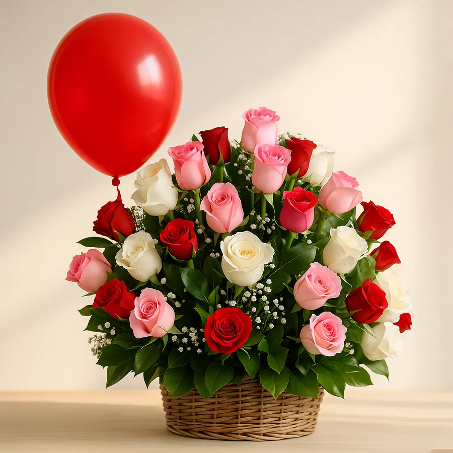Autumn Harmony Floral Celebration with 40 mixed roses in a basket, topped with a cheerful balloon.