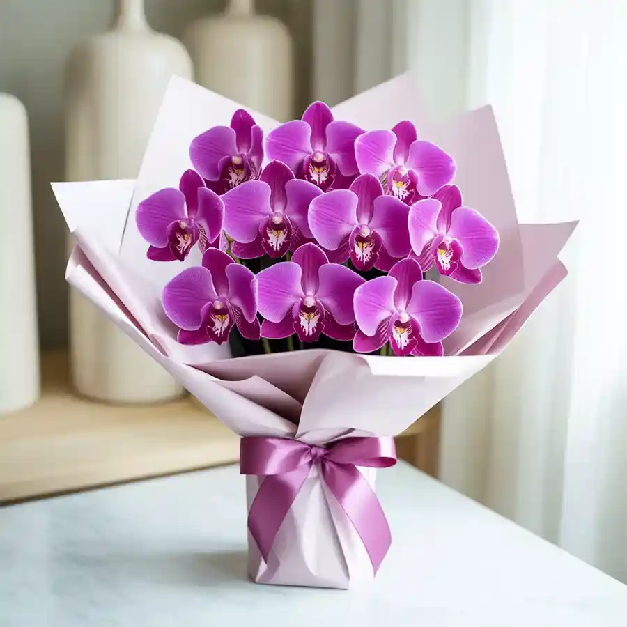 A stunning bunch of 10 purple orchid stems tied with ribbon, perfect for heartfelt gifting.