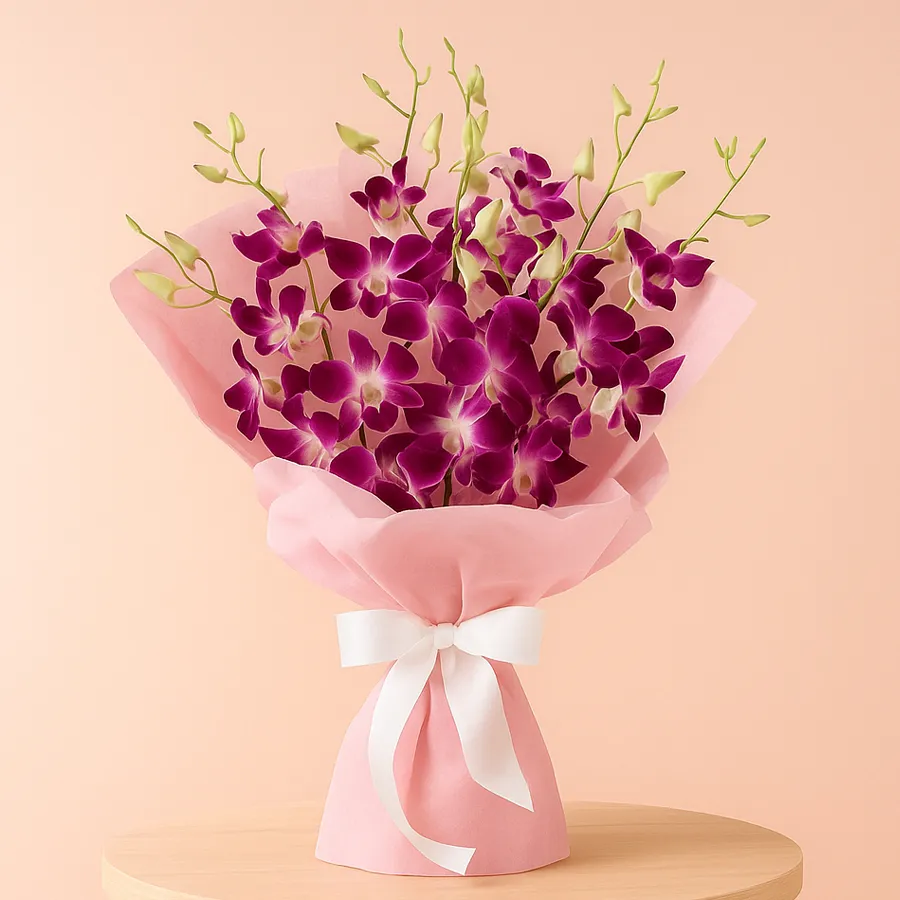 A beautiful bouquet featuring 8 vibrant orchids, elegantly tied with tissue to express love and affection.