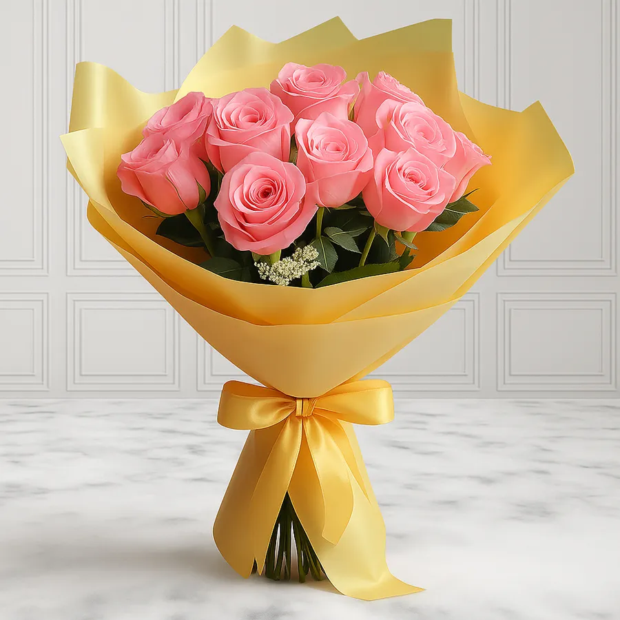 Bouquet of 12 pink roses elegantly wrapped in soft pink tissue.