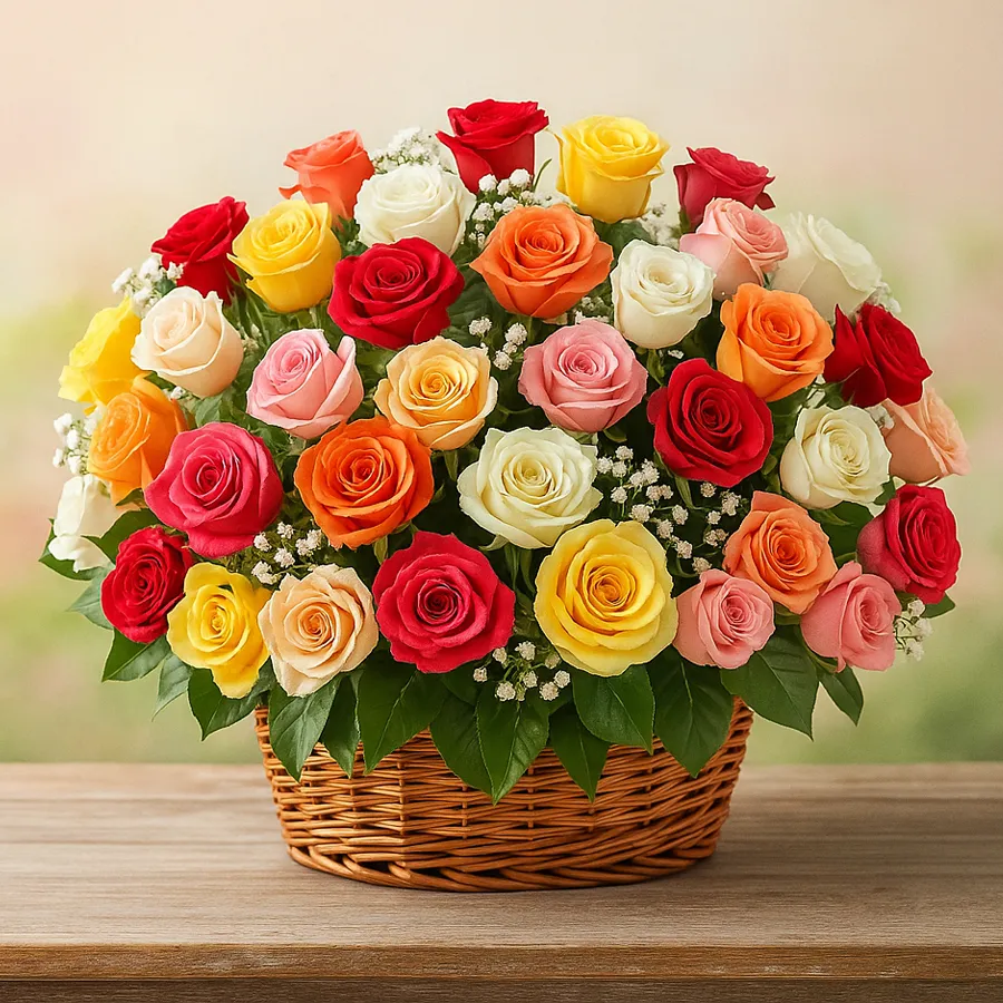 A vibrant basket filled with 40 colorful roses, showcasing nature's beauty in a stunning floral arrangement.