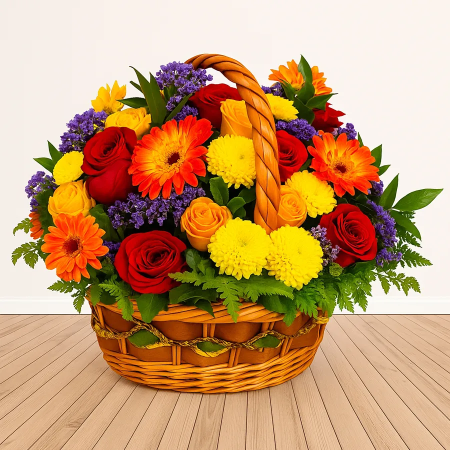Vibrant seasonal flower basket featuring Gerberas, Carnations, Roses, and a Lily, adorned with decorative greens.