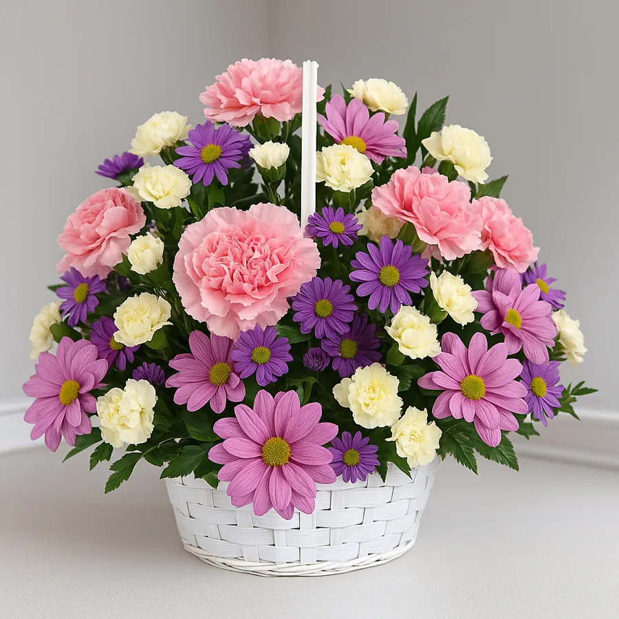 Charming basket filled with pink and white carnations and roses, decorated with seasonal flowers and fillers.
