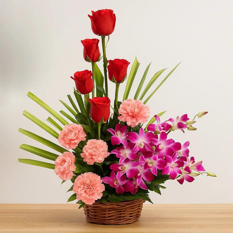 A vibrant Mixed Flowers Basket Arrangement with Gerberas, Roses, and Orchids, showcasing a delightful blend of colors.