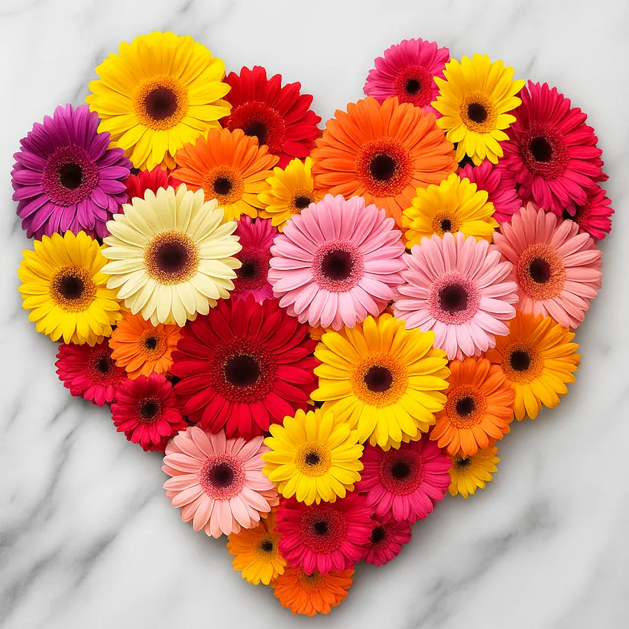 Heart-shaped arrangement of 18 vibrant gerberas, symbolizing love and joy.