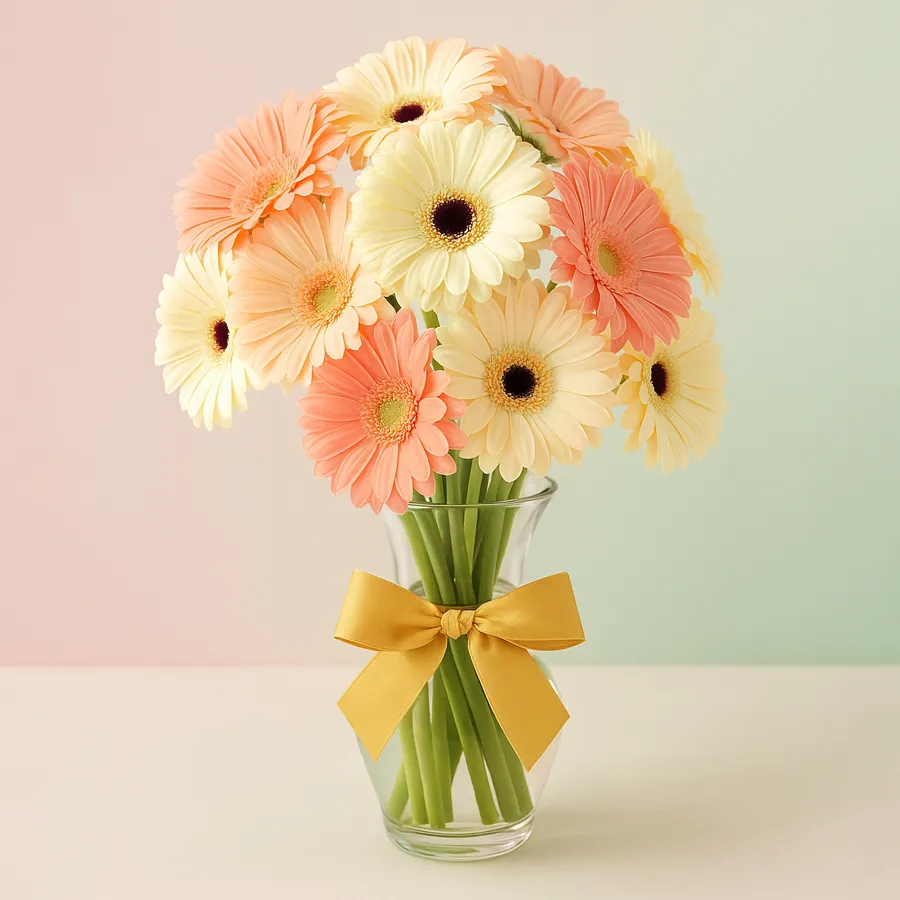A glass vase holding 12 white and reddish-pink Gerberas, adding charm to any space.