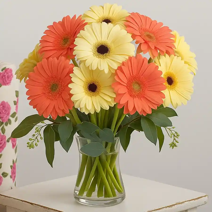 Charming Gerbera Friendship Ensemble with reddish pink and white flowers in a glass vase, adorned with a yellow ribbon.