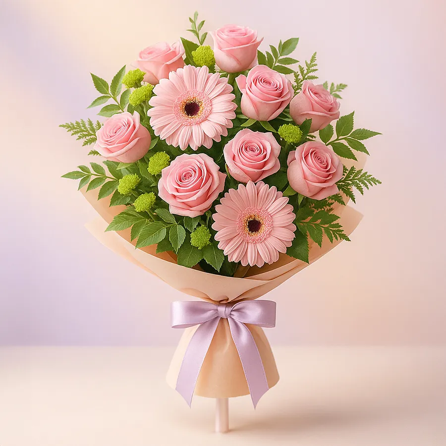 Colorful arrangement of 10 Gerberas and 10 Roses, symbolizing joy and celebration.