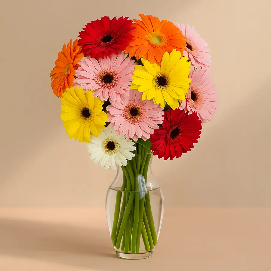 Cheerful arrangement of 7 red and 8 white gerberas in a glass vase, radiating joy and warmth.