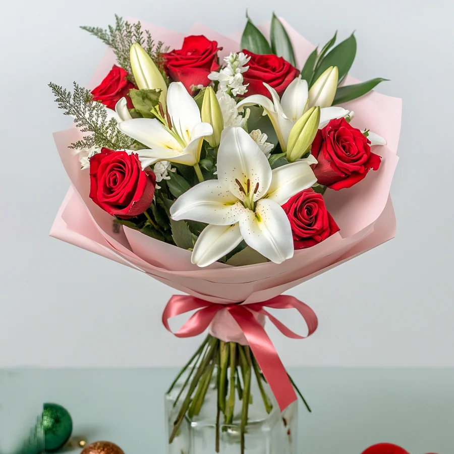 Bouquet of 10 red roses and 3 white lilies, elegantly wrapped in red and white tissue with green fillers.