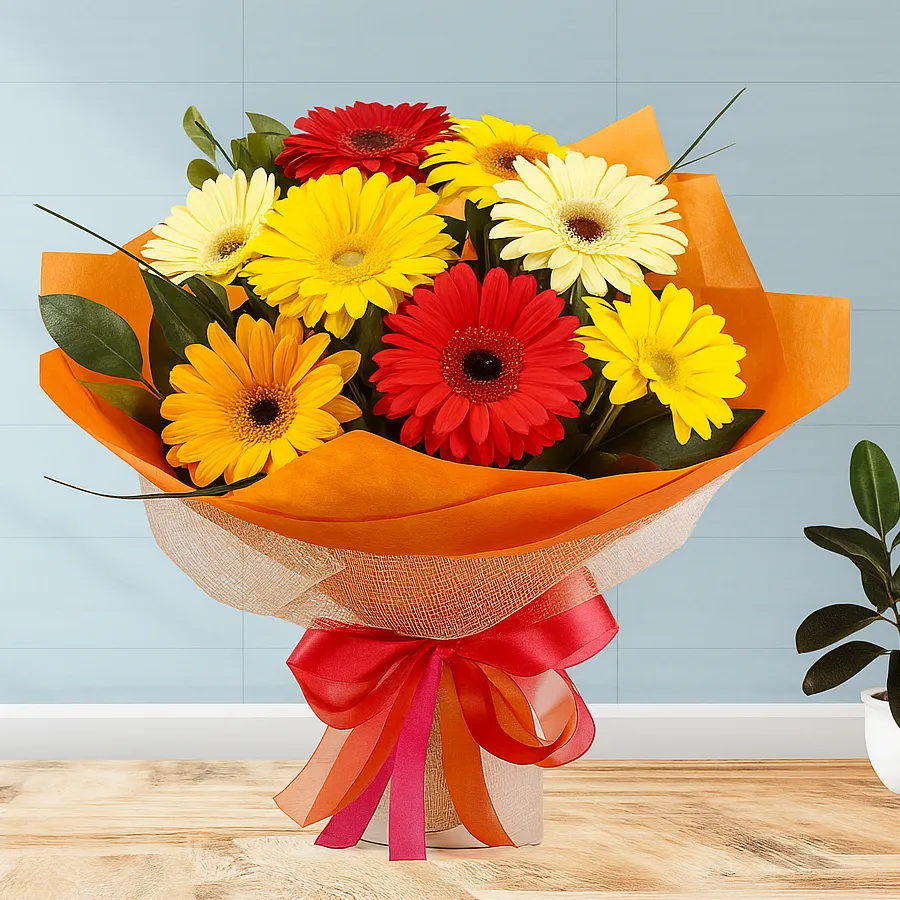 Bouquet of 15 vibrant Gerberas tied with tissue, radiating joy.