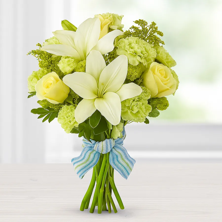 Bright yellow flower bouquet with roses, carnations, and lilies, radiating happiness.