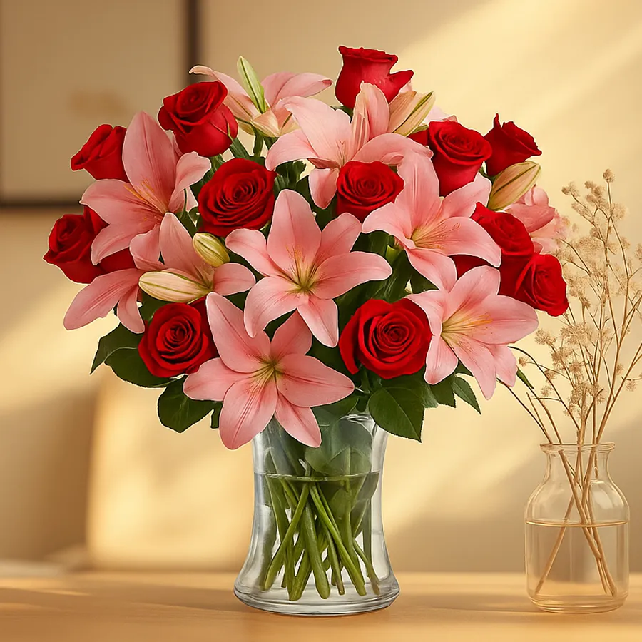 Elegant arrangement of red roses and pink lilies in a stylish glass vase.